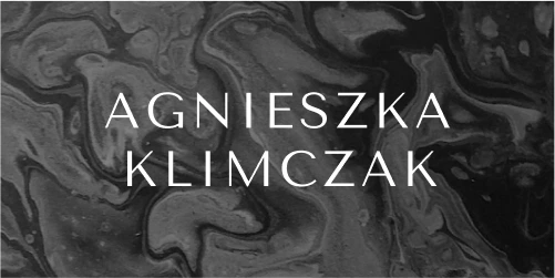 Agnieszka Klimczak letter logo overlayed over one of her abstract paintings background